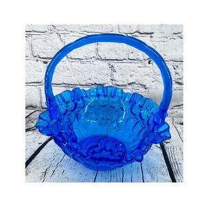 Vintage Fenton Colonial Blue Thumbprint Glass Basket Ruffled Edge 6 inch